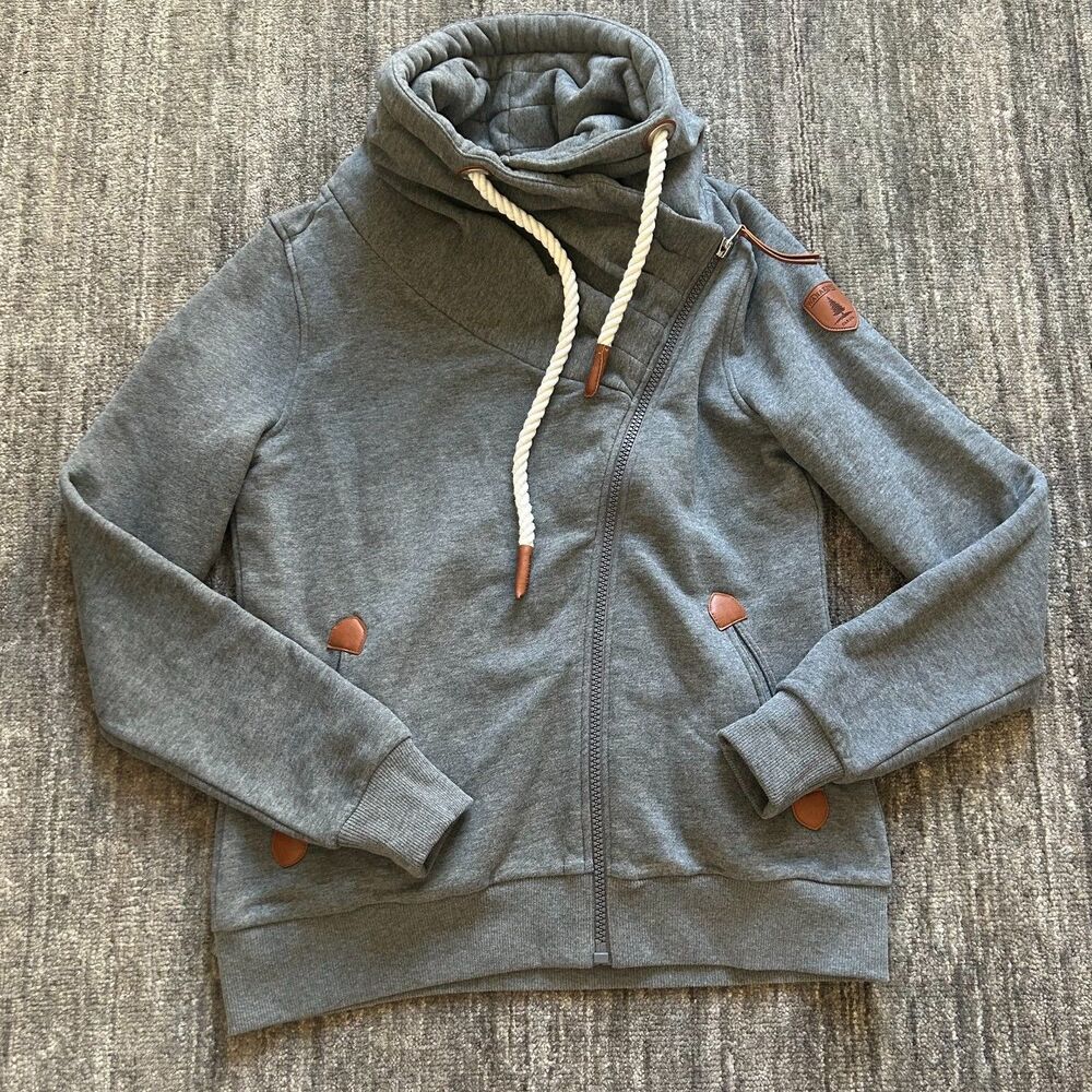Wanakome Gray Funnel Neck Zip Hoodie with Rope Drawstrings - Picture 2 of 10